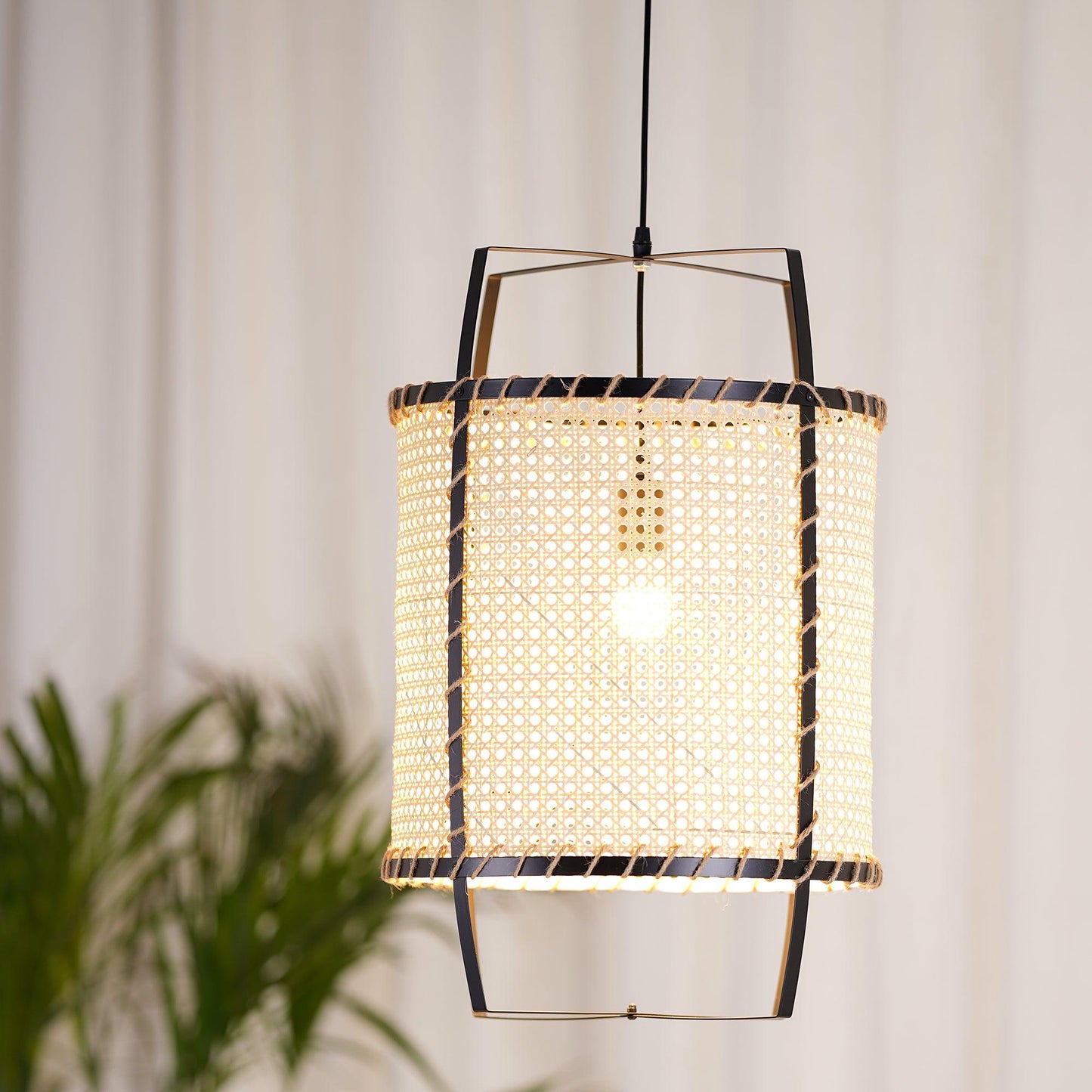 Rattan Cane Pendant Light | Handmade Metal Frame | Black, 40cm Diameter