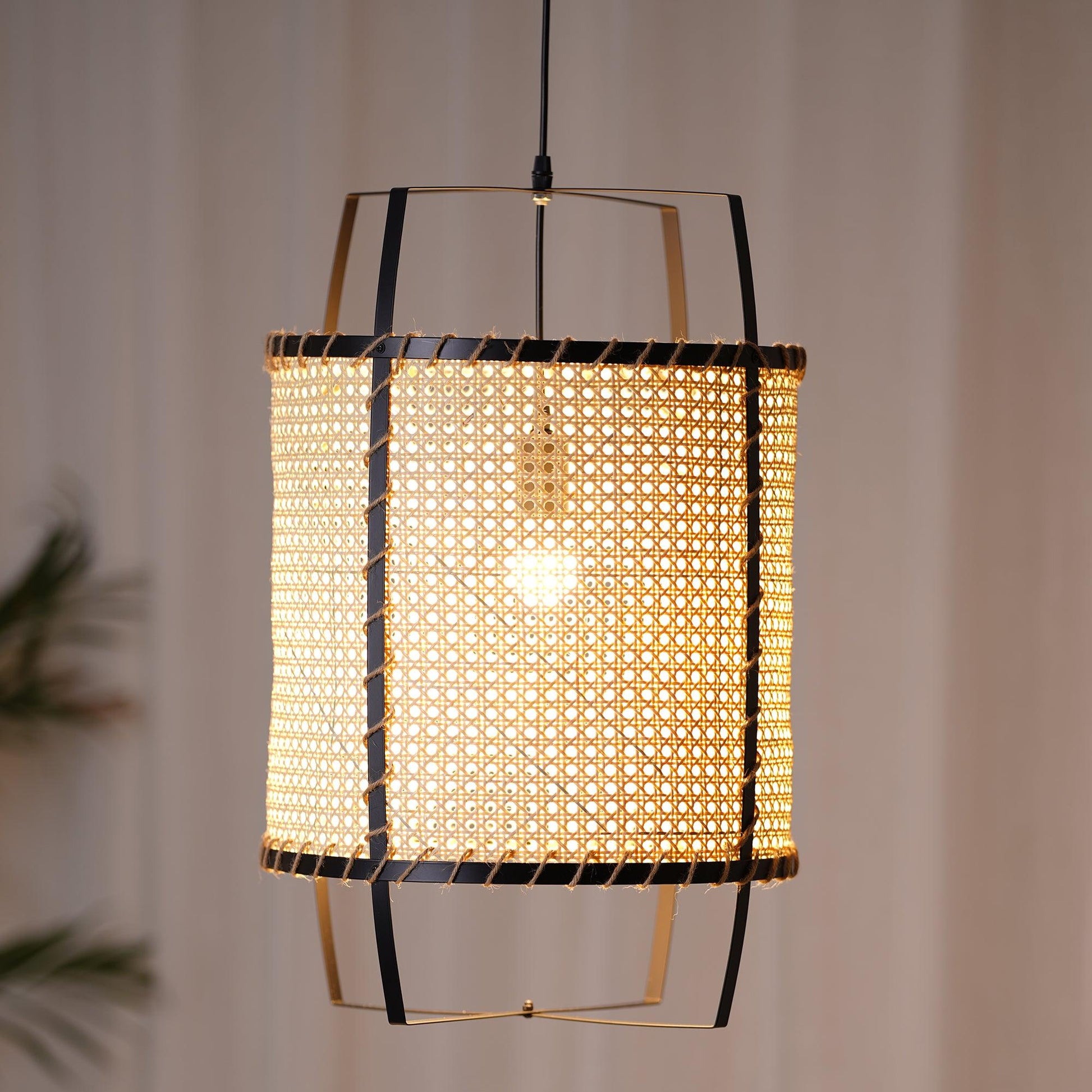 Rattan Cane Pendant Light | Handmade Metal Frame | Black, 40cm Diameter