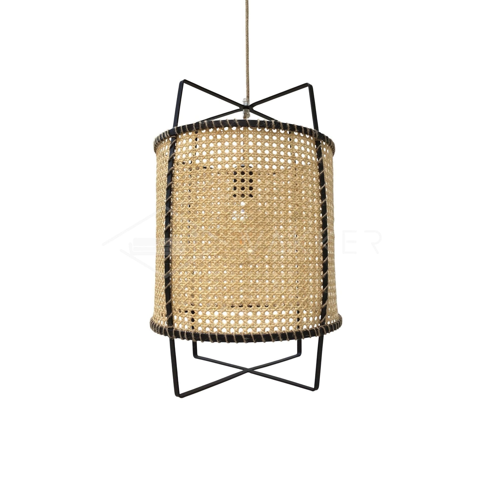Rattan Cane Pendant Light | Handmade Metal Frame | Black, 40cm Diameter