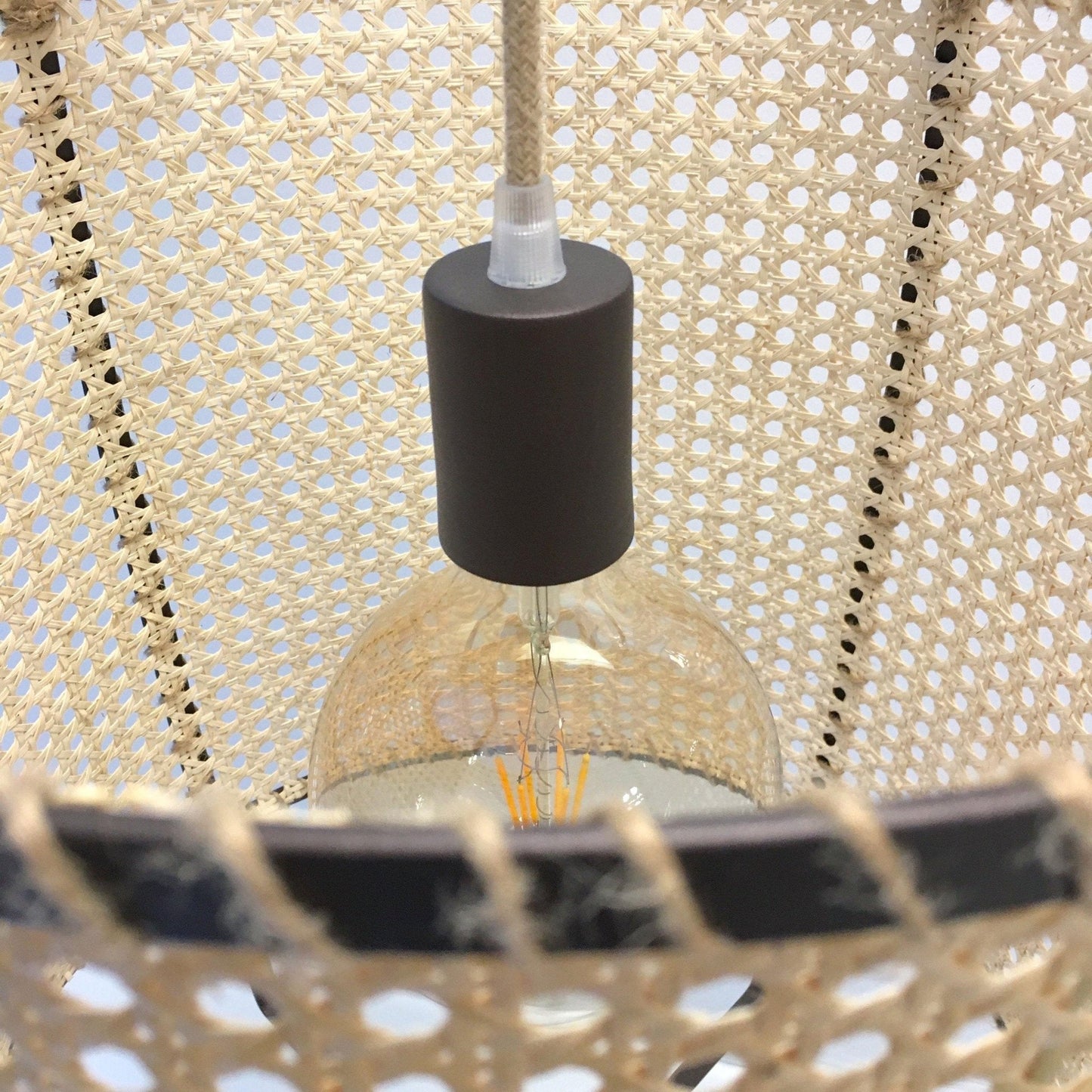 Rattan Cane Pendant Light | Handmade Metal Frame | Black, 40cm Diameter