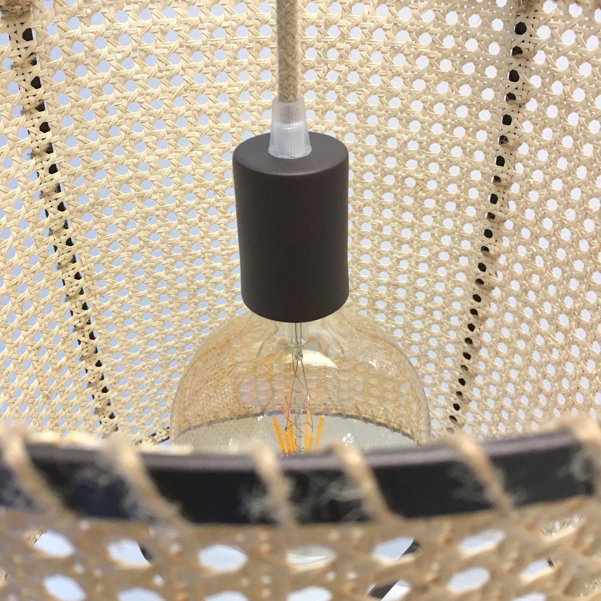 Rattan Cane Pendant Light | Handmade Metal Frame | Black, 40cm Diameter