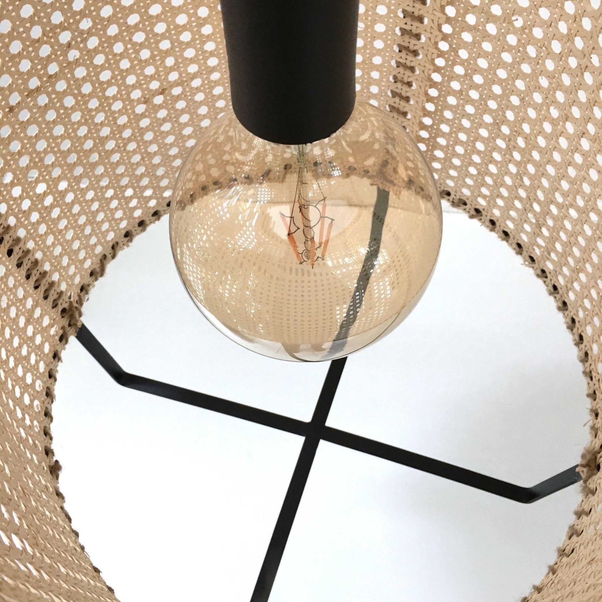 Rattan Cane Pendant Light | Handmade Metal Frame | Black, 40cm Diameter