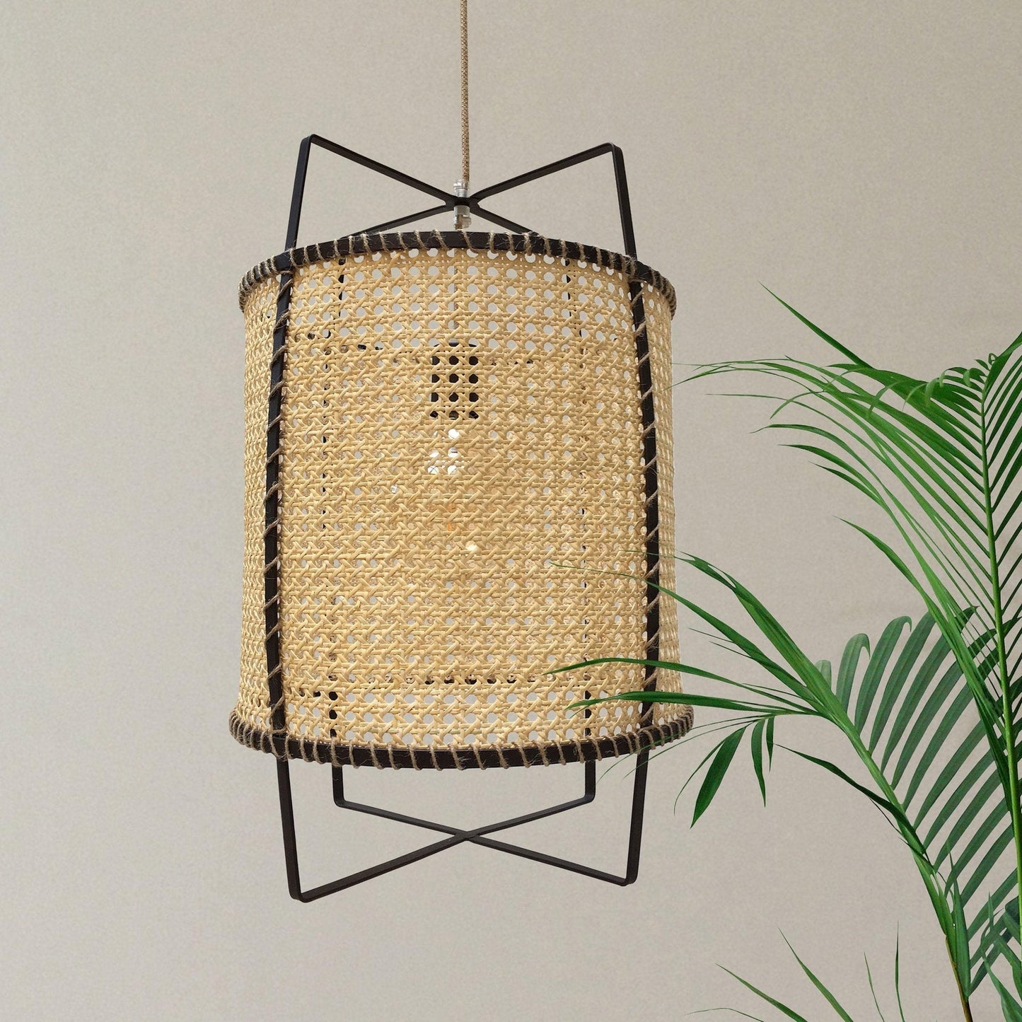 Rattan Cane Pendant Light | Handmade Metal Frame | Black, 40cm Diameter