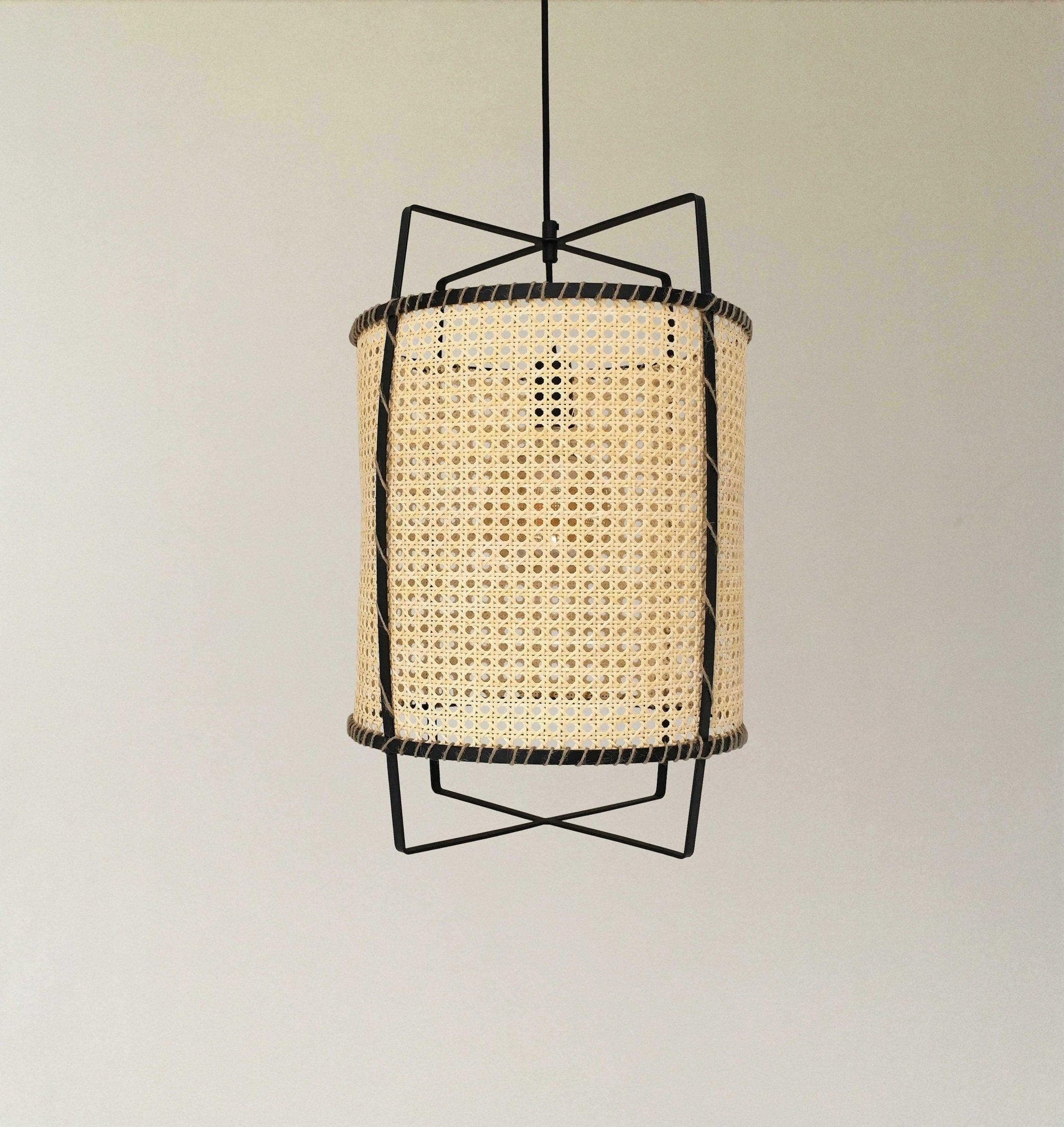 Rattan Cane Pendant Light | Handmade Metal Frame | Black, 40cm Diameter