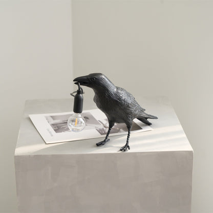 Raven Table Lamp | Resin Sculpture with Edison Bulb | Black and White