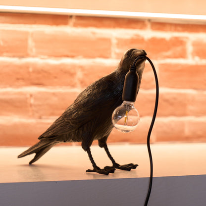 Raven Table Lamp | Resin Sculpture with Edison Bulb | Black and White
