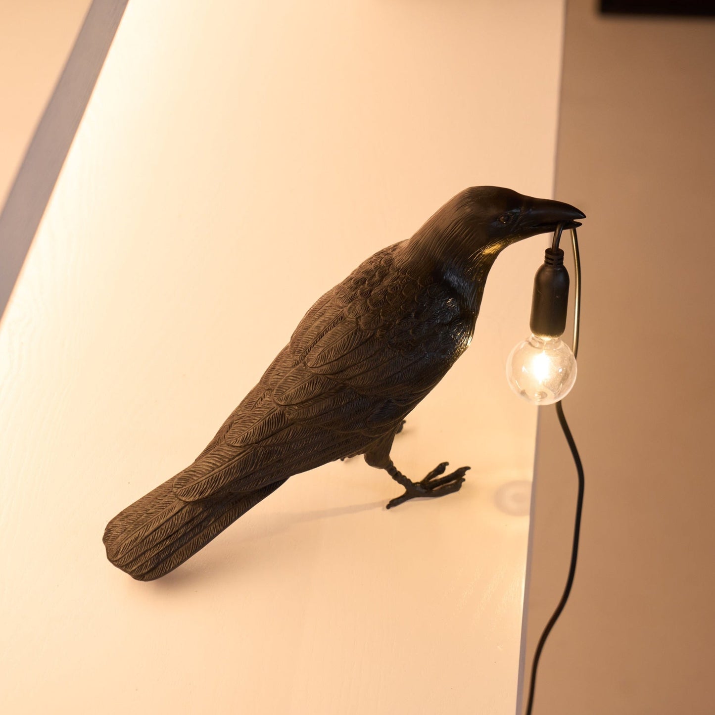 Raven Table Lamp | Resin Sculpture with Edison Bulb | Black and White