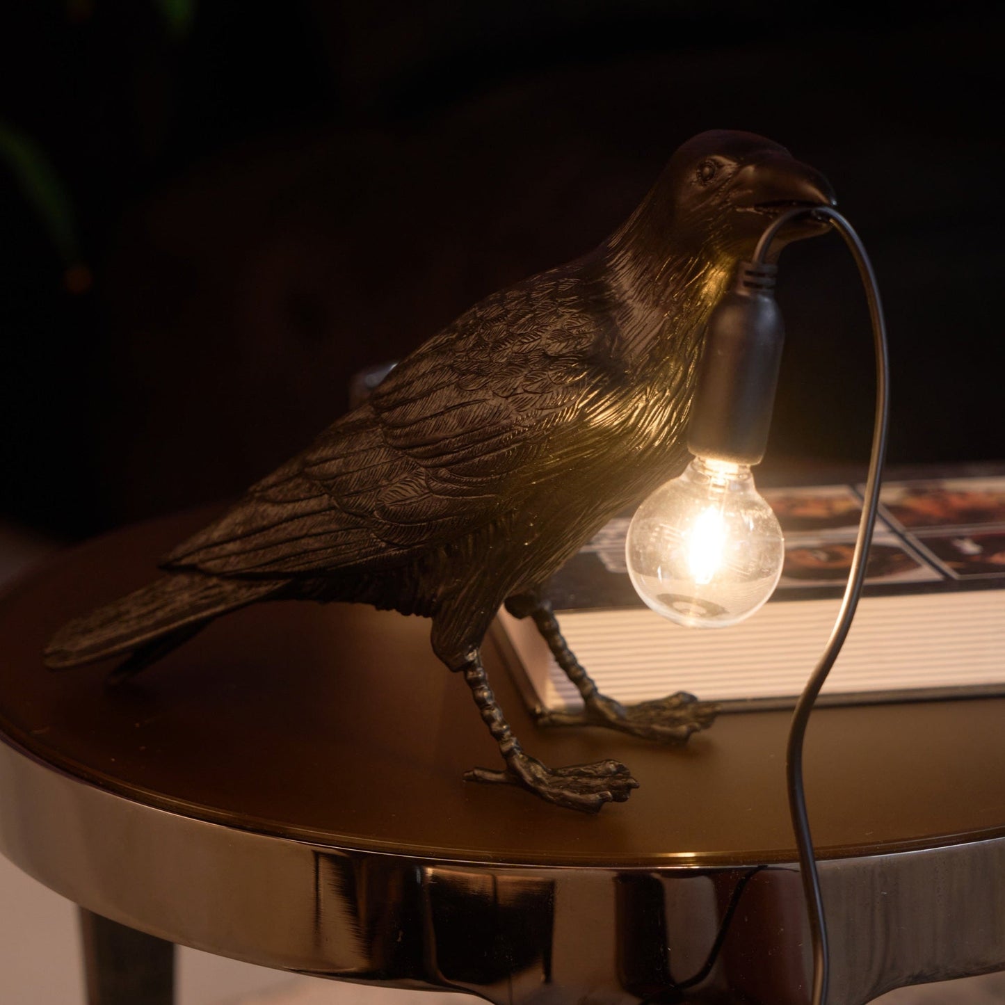 Raven Table Lamp | Resin Sculpture with Edison Bulb | Black and White