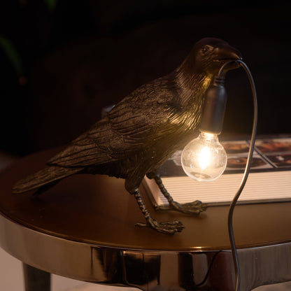 Raven Table Lamp | Resin Sculpture with Edison Bulb | Black and White