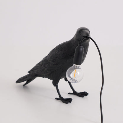 Raven Table Lamp | Resin Sculpture with Edison Bulb | Black and White