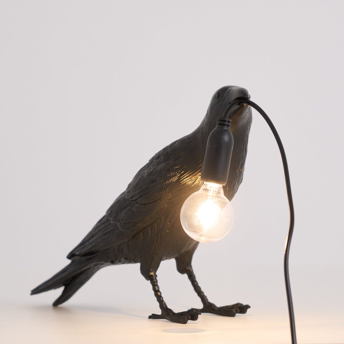 Raven Table Lamp | Resin Sculpture with Edison Bulb | Black and White