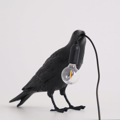 Raven Table Lamp | Resin Sculpture with Edison Bulb | Black and White