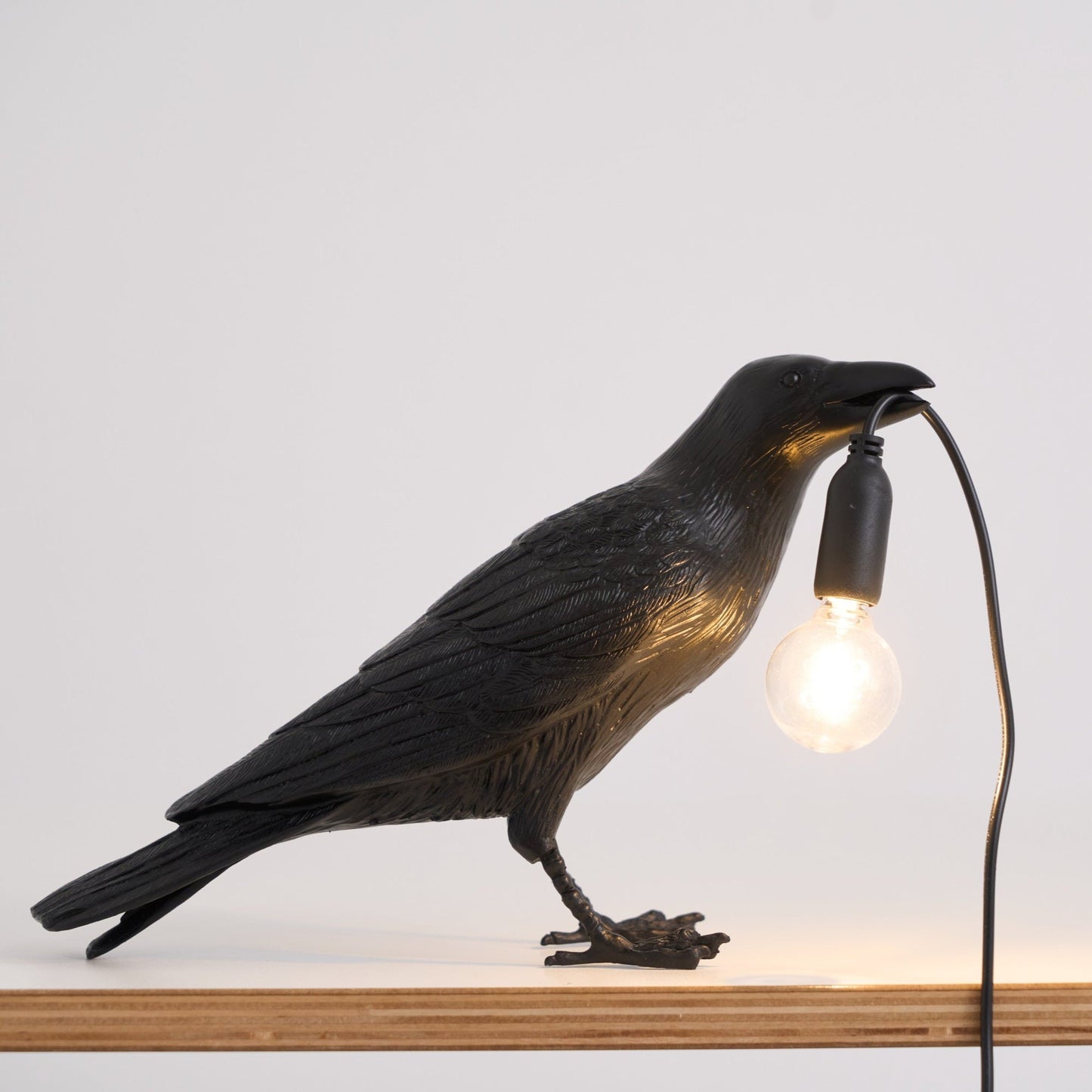 Raven Table Lamp | Resin Sculpture with Edison Bulb | Black and White