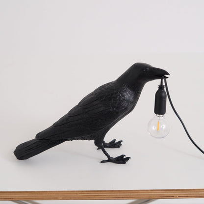 Raven Table Lamp | Resin Sculpture with Edison Bulb | Black and White