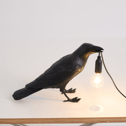 Raven Table Lamp | Resin Sculpture with Edison Bulb | Black and White