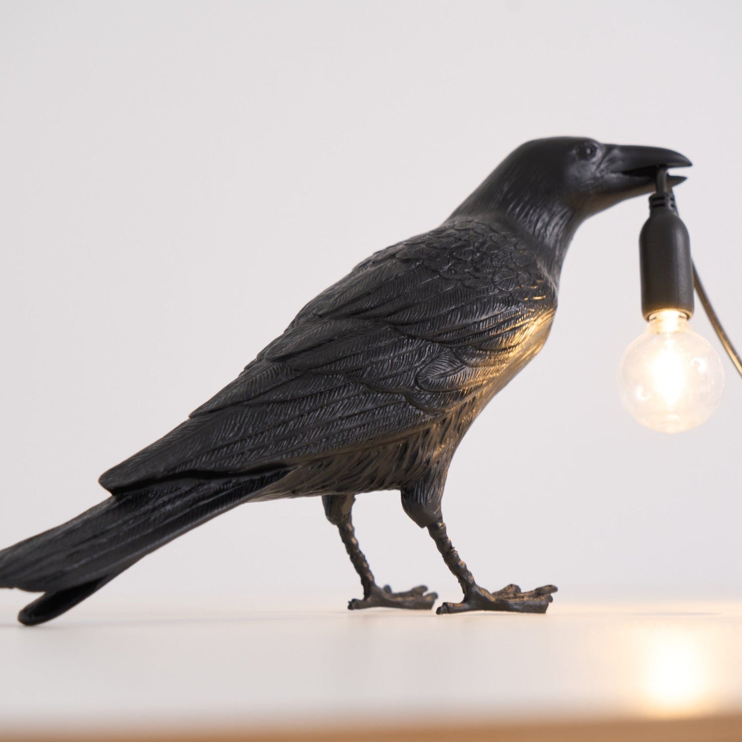 Raven Table Lamp | Resin Sculpture with Edison Bulb | Black and White