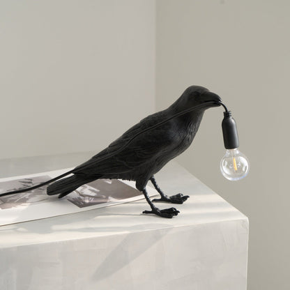 Raven Table Lamp | Resin Sculpture with Edison Bulb | Black and White