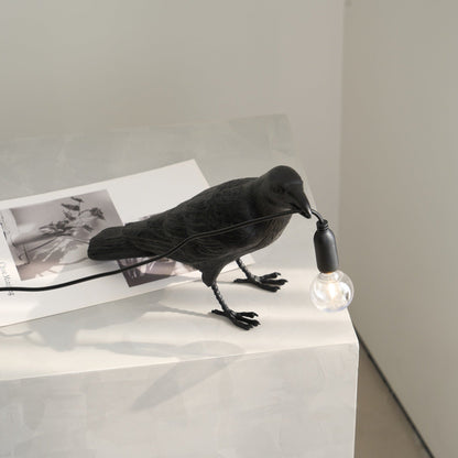 Raven Table Lamp | Resin Sculpture with Edison Bulb | Black and White