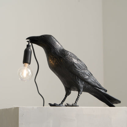 Raven Table Lamp | Resin Sculpture with Edison Bulb | Black and White