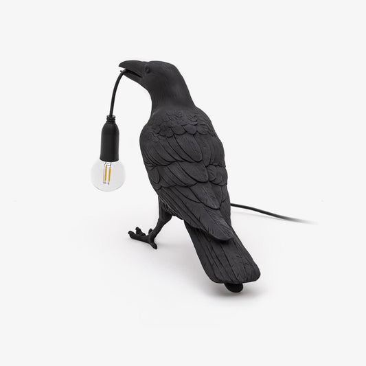 Raven Table Lamp | Resin Sculpture with Edison Bulb | Black and White
