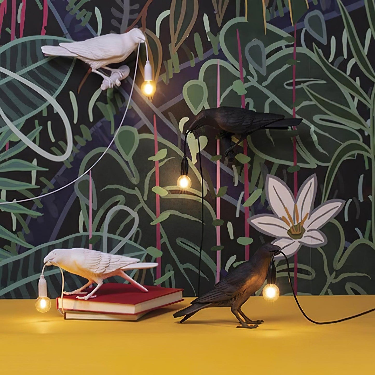 Raven Table Lamp | Resin Sculpture with Edison Bulb | Black and White