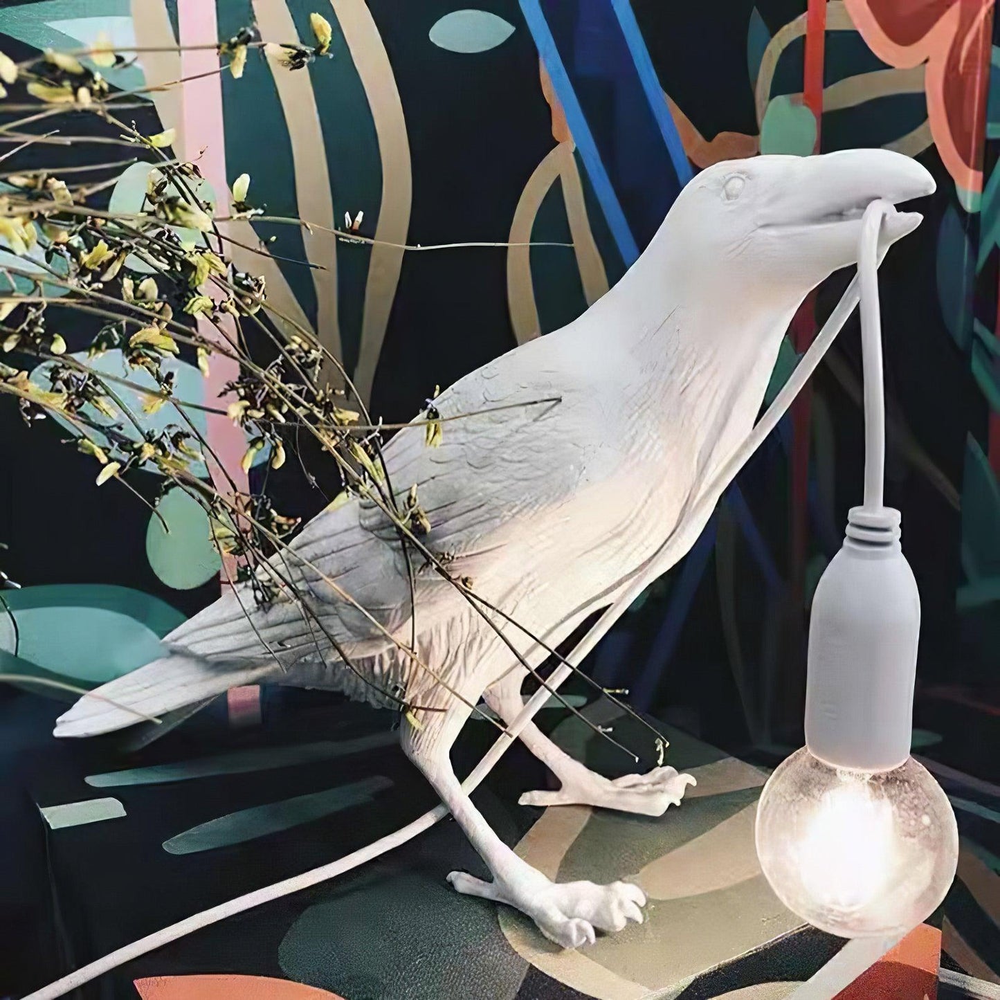 Raven Table Lamp | Resin Sculpture with Edison Bulb | Black and White