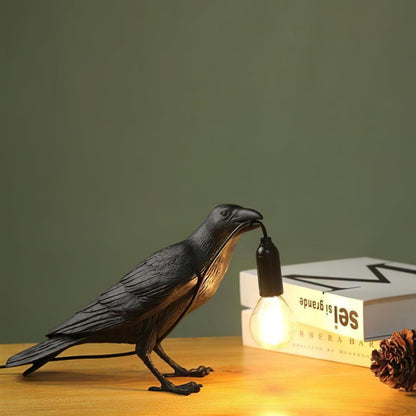 Raven Table Lamp | Resin Sculpture with Edison Bulb | Black and White