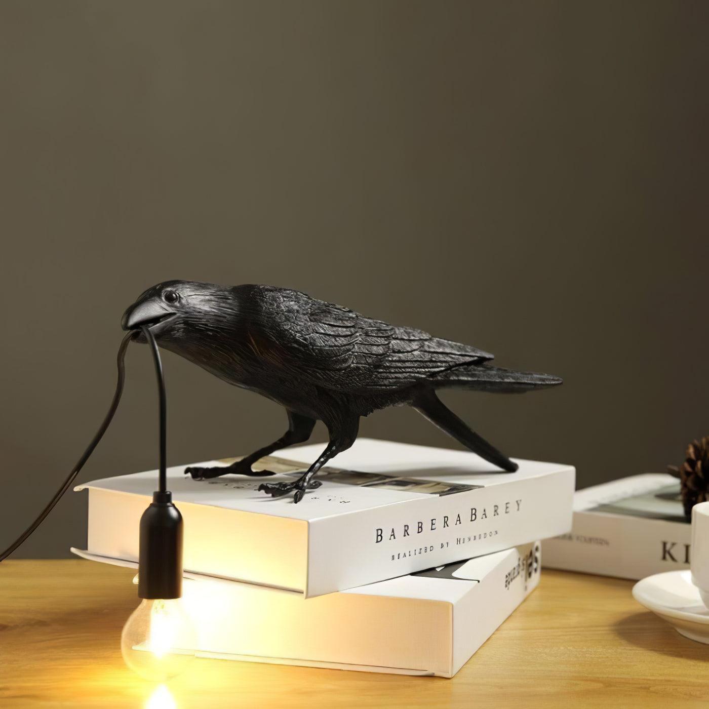 Raven Table Lamp | Resin Sculpture with Edison Bulb | Black and White