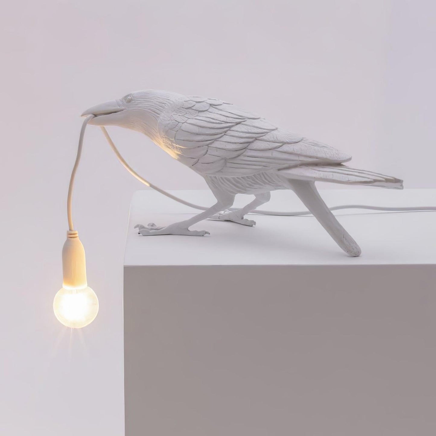 Raven Table Lamp | Resin Sculpture with Edison Bulb | Black and White