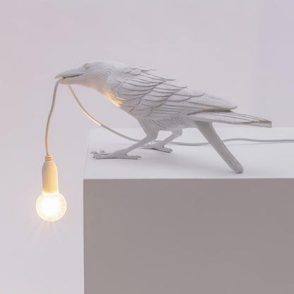Raven Table Lamp | Resin Sculpture with Edison Bulb | Black and White