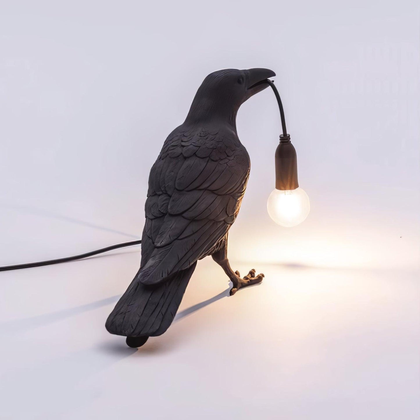 Raven Table Lamp | Resin Sculpture with Edison Bulb | Black and White