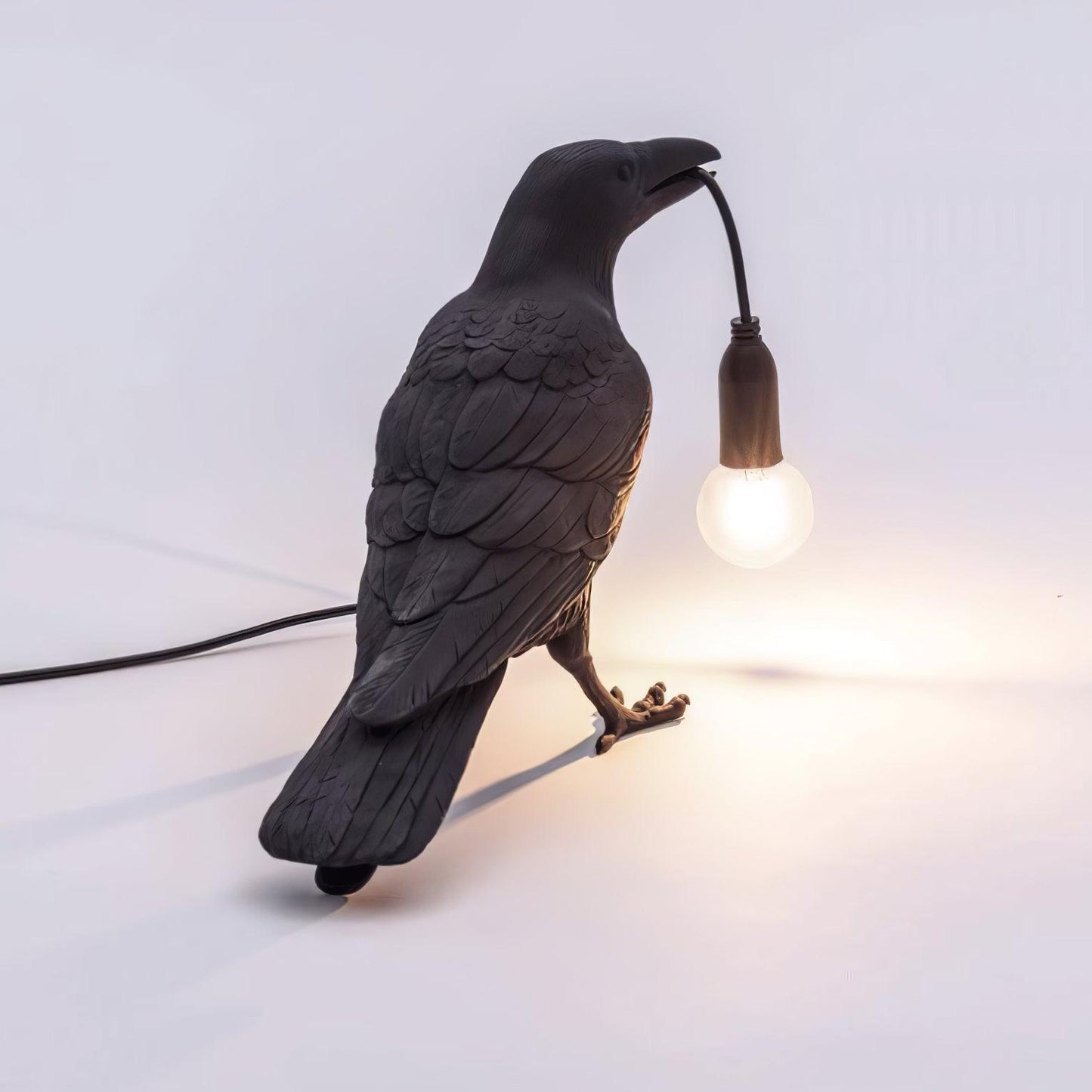 Raven Table Lamp | Resin Sculpture with Edison Bulb | Black and White