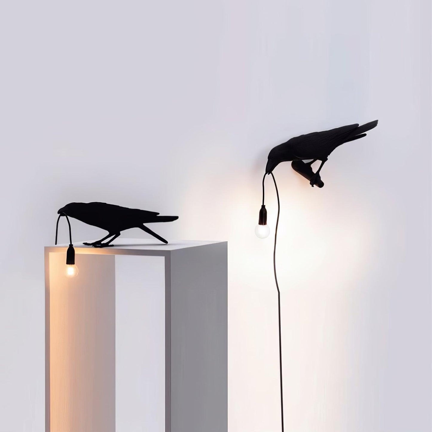 Raven Table Lamp | Resin Sculpture with Edison Bulb | Black and White