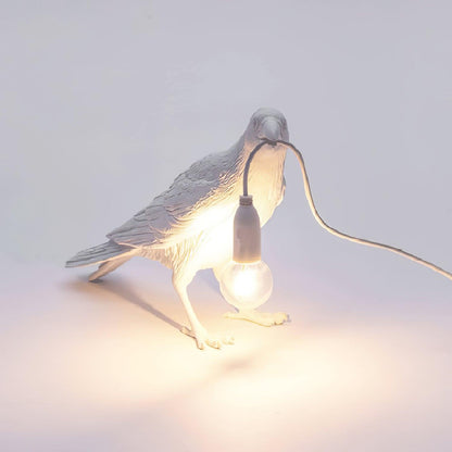Raven Table Lamp | Resin Sculpture with Edison Bulb | Black and White