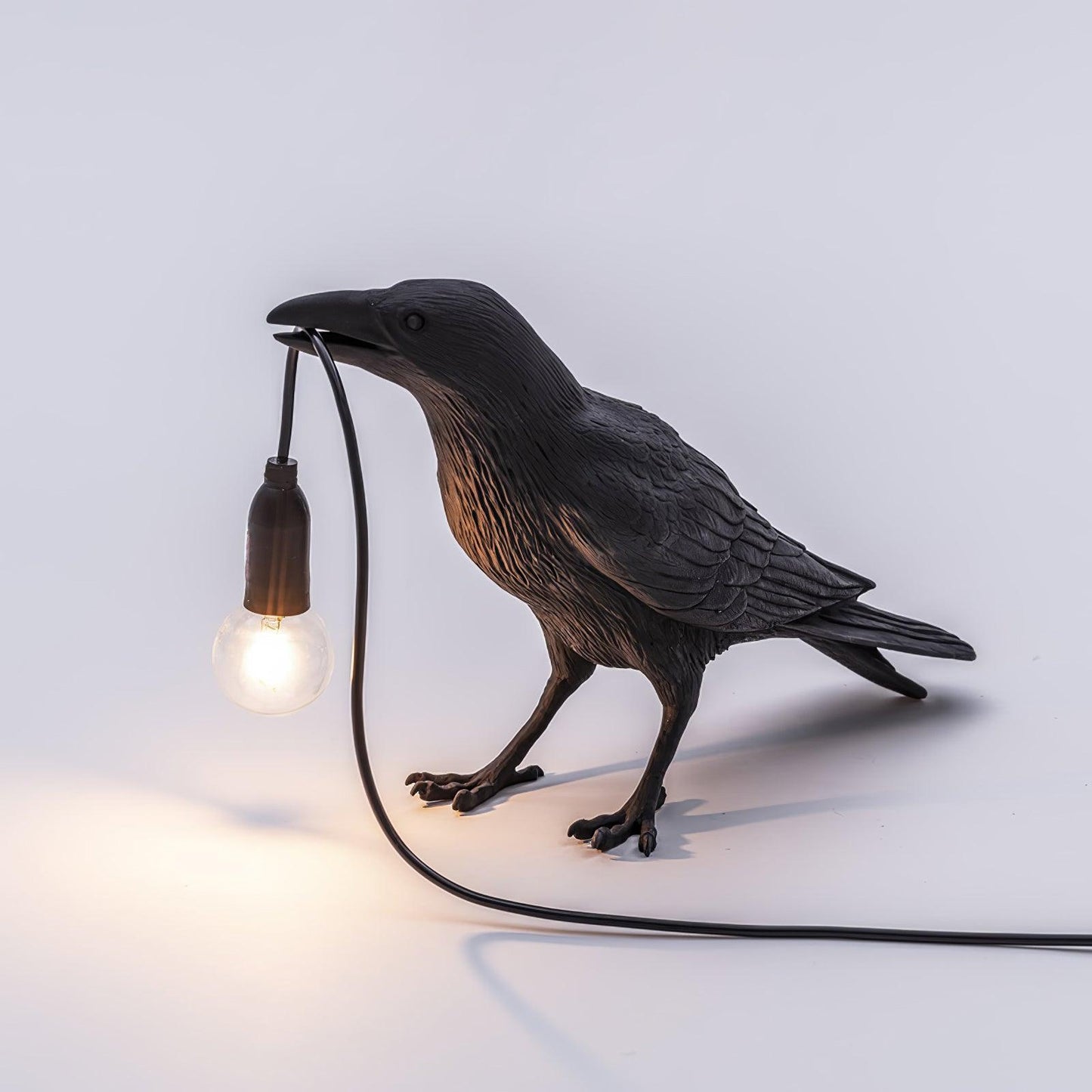 Raven Table Lamp | Resin Sculpture with Edison Bulb | Black and White
