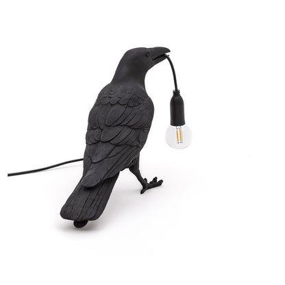 Raven Table Lamp | Resin Sculpture with Edison Bulb | Black and White
