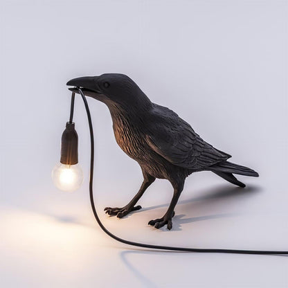 Raven Table Lamp | Resin Sculpture with Edison Bulb | Black and White