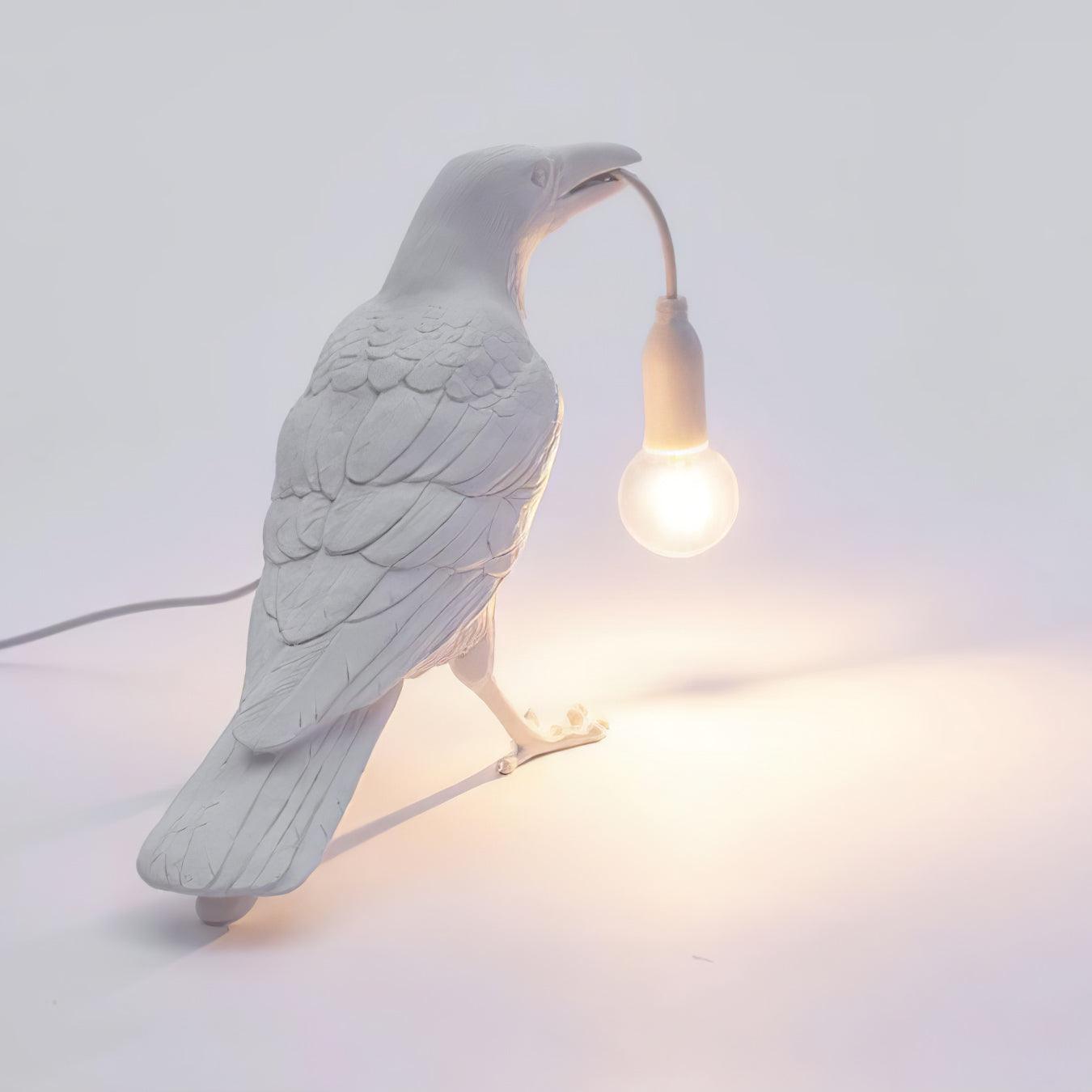 Raven Table Lamp | Resin Sculpture with Edison Bulb | Black and White