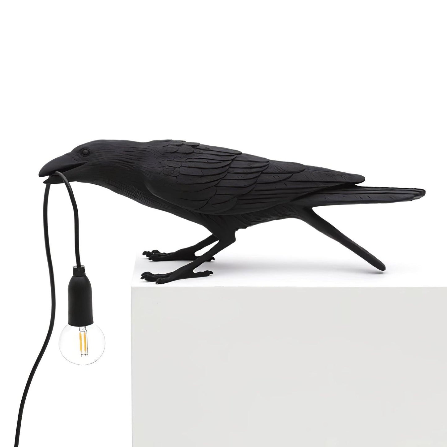Raven Table Lamp | Resin Sculpture with Edison Bulb | Black and White