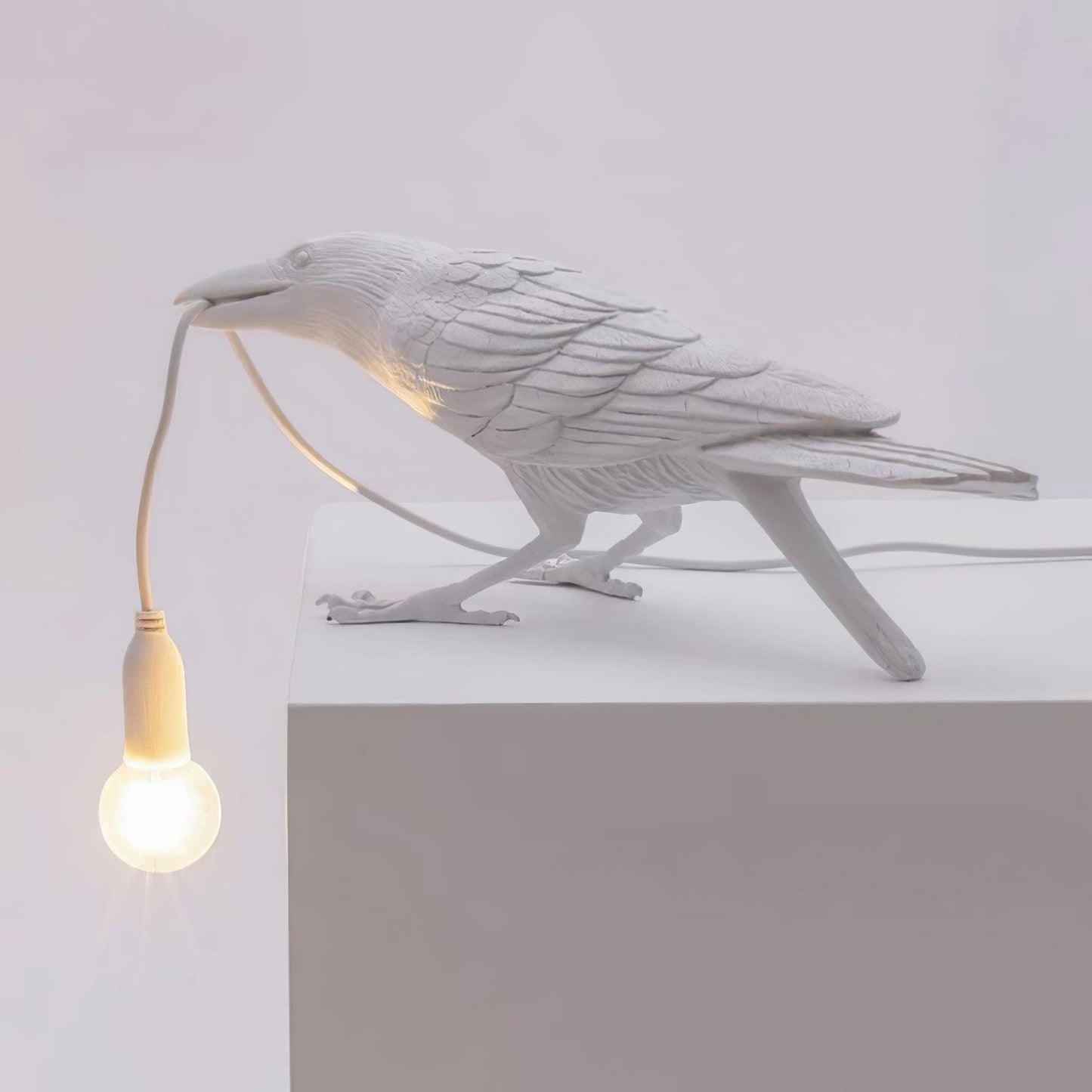 Raven Table Lamp | Resin Sculpture with Edison Bulb | Black and White