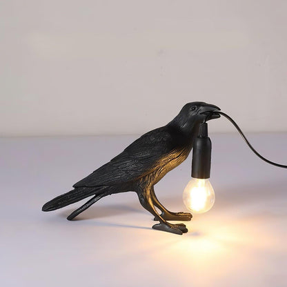 Raven Table Lamp | Resin Sculpture with Edison Bulb | Black and White
