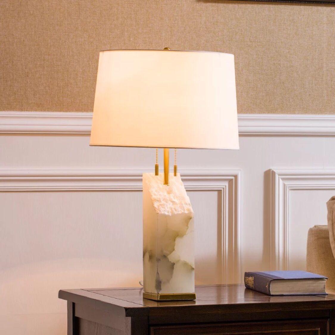 Alabaster Table Lamp | Hand-Hewn Alabaster & Metal | White Shade, 55cm