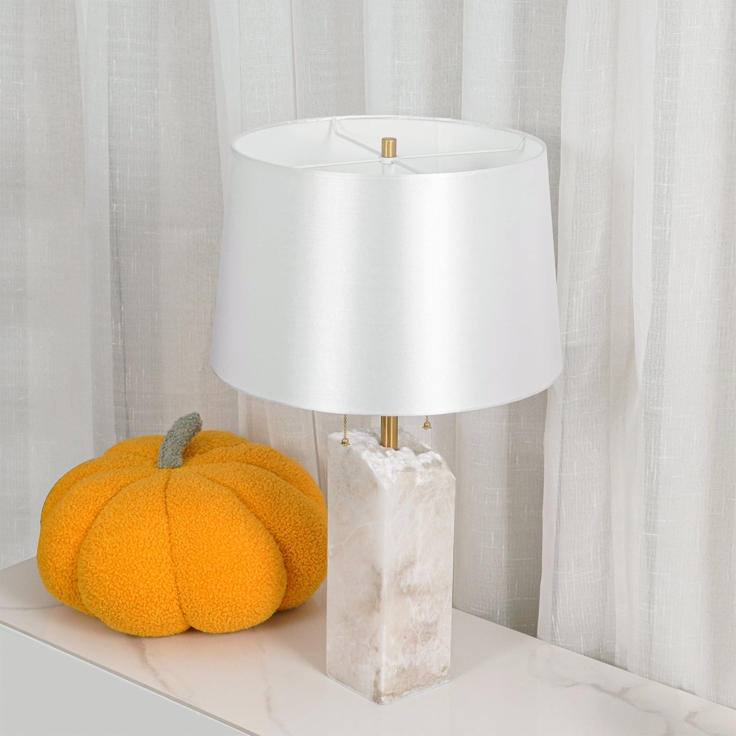 Alabaster Table Lamp | Hand-Hewn Alabaster & Metal | White Shade, 55cm