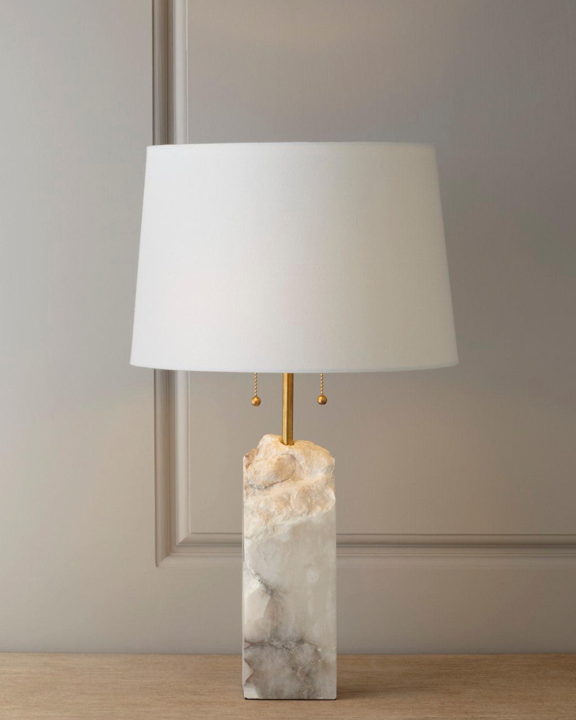 Alabaster Table Lamp | Hand-Hewn Alabaster & Metal | White Shade, 55cm