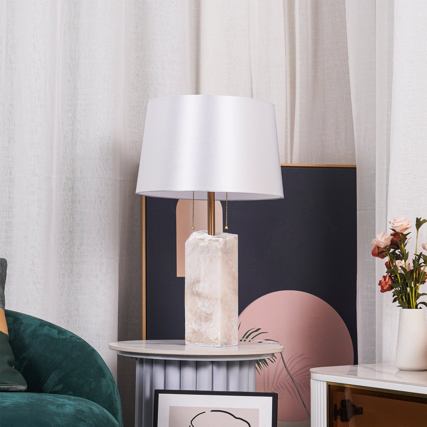 Alabaster Table Lamp | Hand-Hewn Alabaster & Metal | White Shade, 55cm