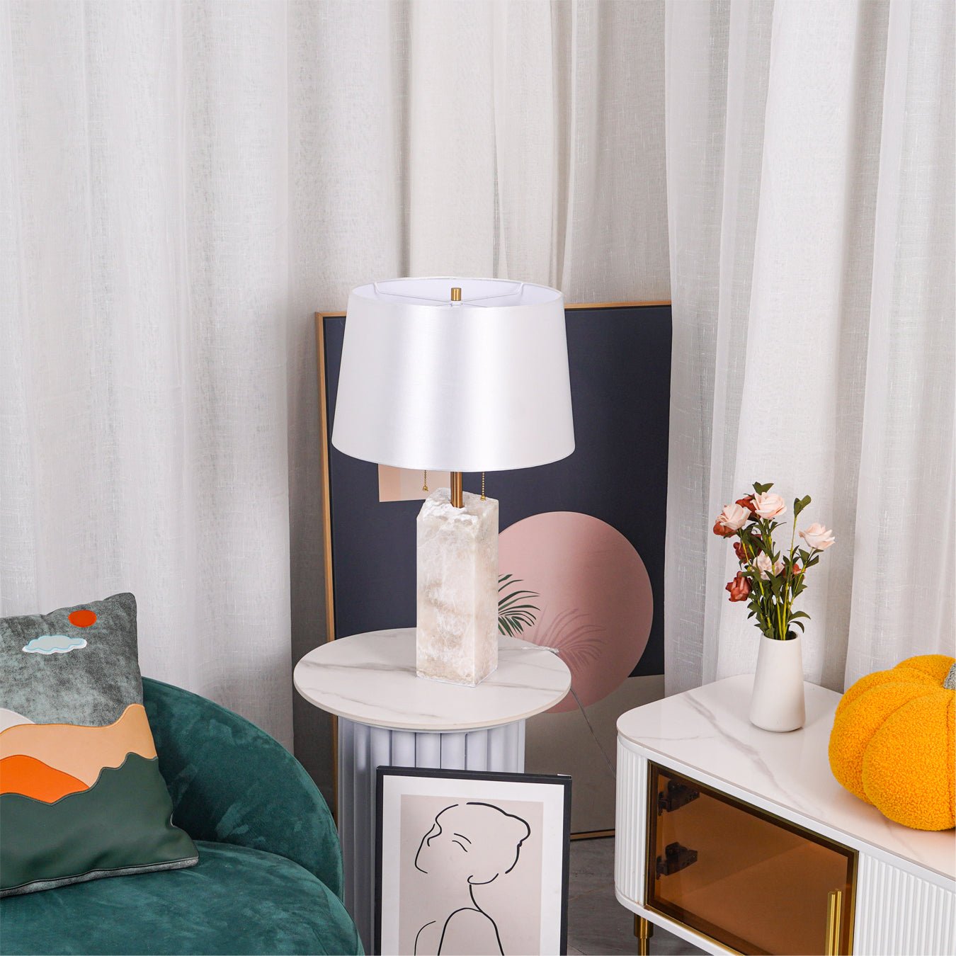 Alabaster Table Lamp | Hand-Hewn Alabaster & Metal | White Shade, 55cm