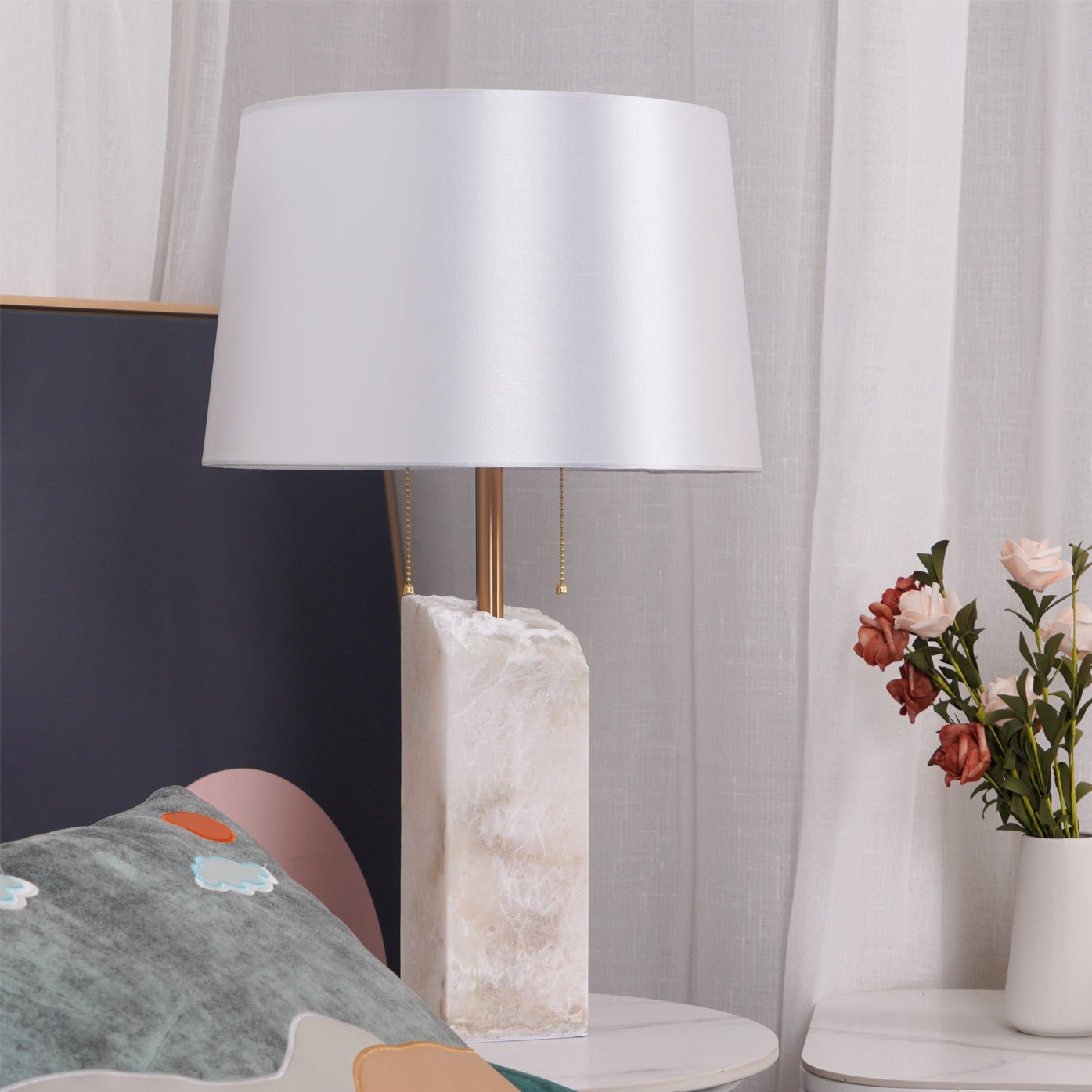 Alabaster Table Lamp | Hand-Hewn Alabaster & Metal | White Shade, 55cm