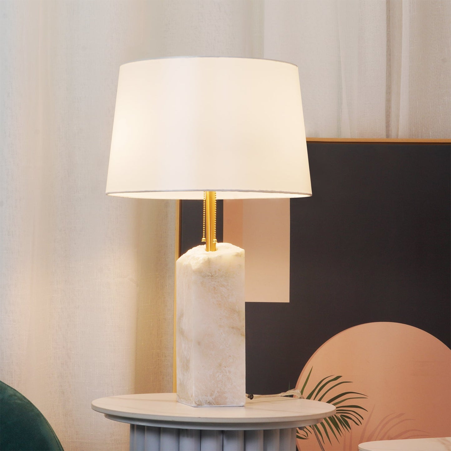 Alabaster Table Lamp | Hand-Hewn Alabaster & Metal | White Shade, 55cm