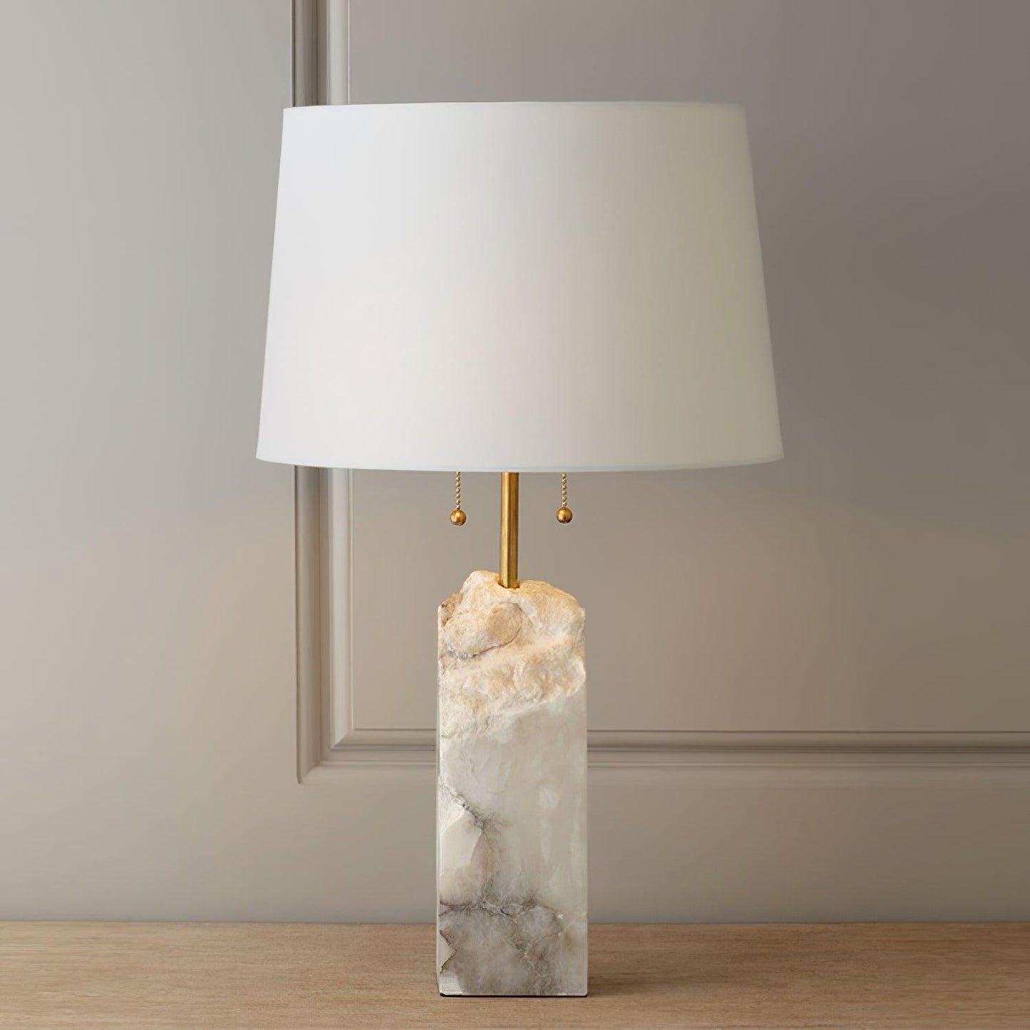 Alabaster Table Lamp | Hand-Hewn Alabaster & Metal | White Shade, 55cm