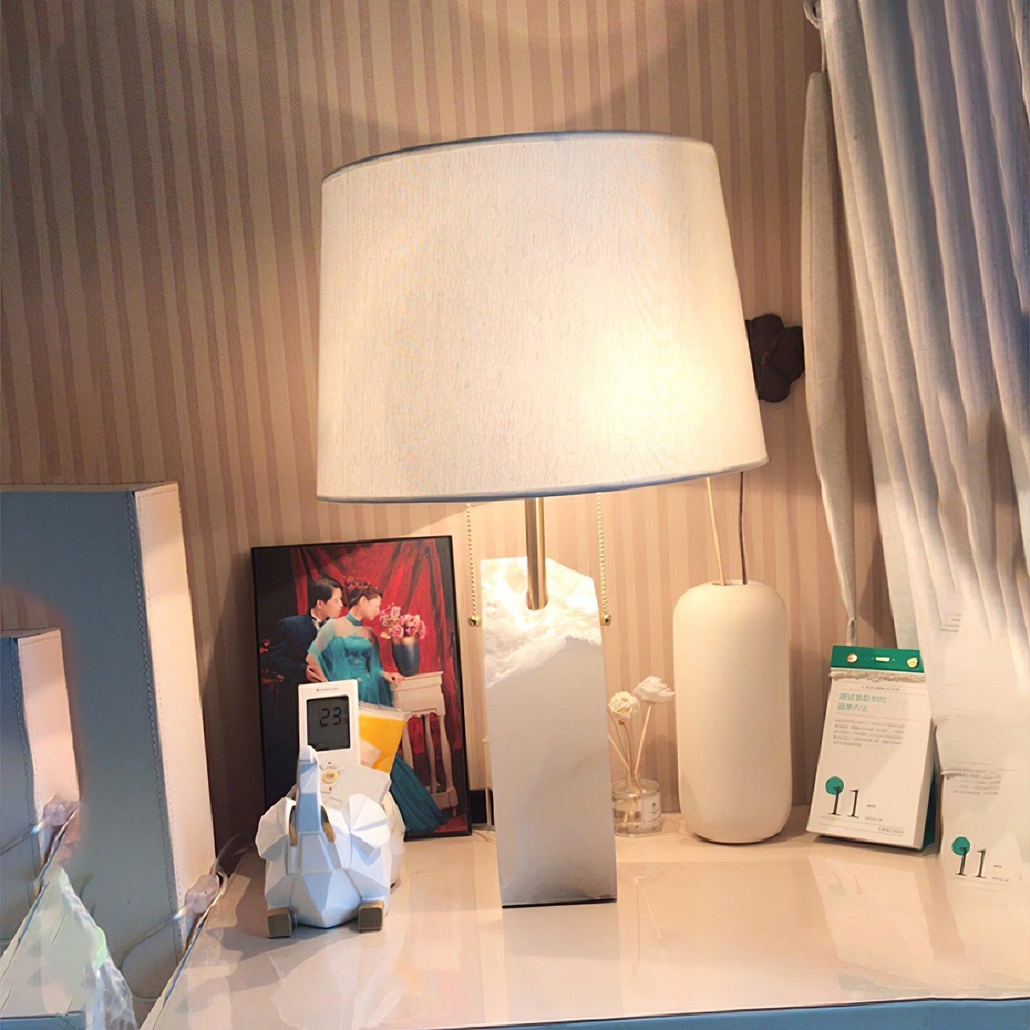 Alabaster Table Lamp | Hand-Hewn Alabaster & Metal | White Shade, 55cm